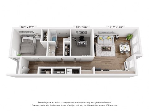Floor plan for 1 bed, 1 bath, 798 sqft